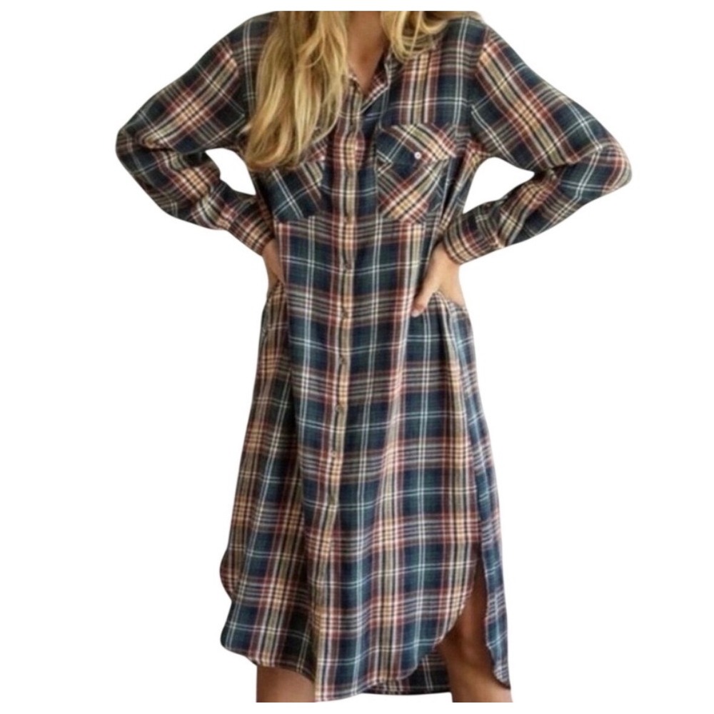 Natural Life Plaid Button Front Shirt Dress Small Blue Orange Long Sleeve